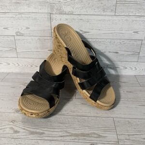 Crocs A-Leigh Sandals Sz 7 Wedge Slide Cork Sole BLACK/TAN 200414 3" Heel Shoes